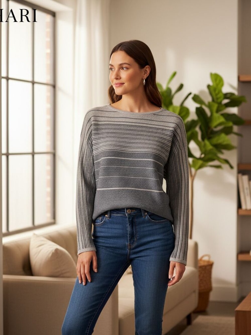 Tahari Ombre Striped Ribbed Knit Sweater Medium M Coastal Grandpa Minimalist